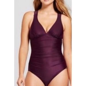 Plum Shirred Strappy Back One Piece Swimsuit
